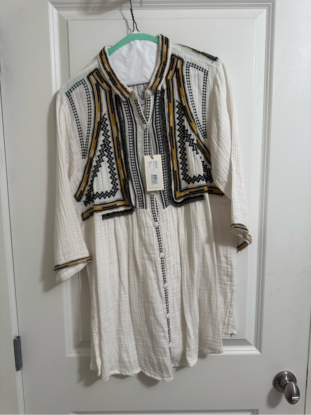 Johnny Was Ivory Girls' Button-Front Dress with Black & Gold Embroidery
